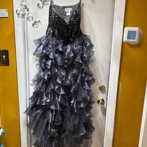 Sherri Hill Gray Beaded Bodice Ruffled Tulle Prom Dress